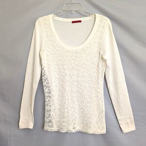 Red Brand White Leopard Lace Overlay Sweater Top Size M Scoop Neck Long Sleeve